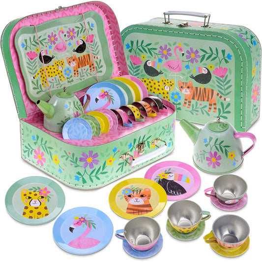 Jewelkeeper 15 Piece Kids Pretend Toy Tin Tea Set & Carrying Case - Safari De...