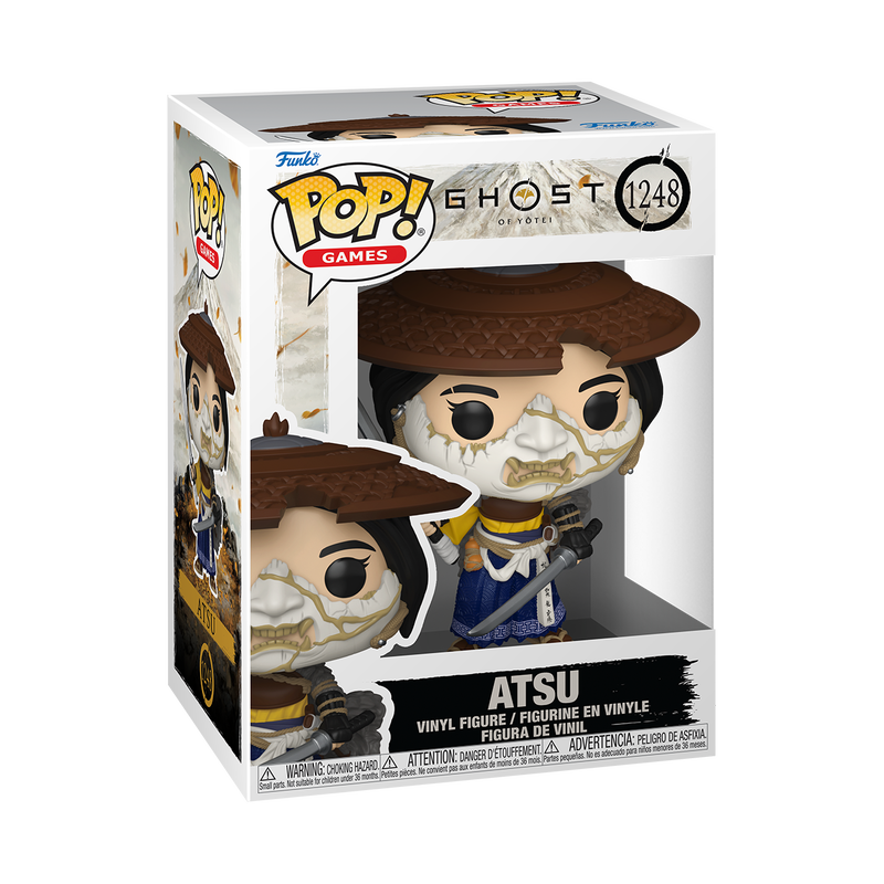 Funko Pop! vinyl figure packaging with Atsu from Ghost Games on a white background