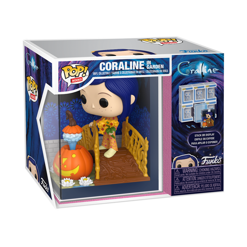Funko Pop! Movies Coraline in Garden vinyl figure in its original window box packaging, featuring the character with blue hair standing in a garden scene next to a jack-o'-lantern.