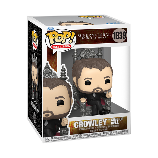 Funko Pop! Television vinyl figure of Crowley, King of Hell, number 1839 in the Supernatural 'Join the Hunt' series. The figure is depicted sitting on a throne inside its original window box packaging.