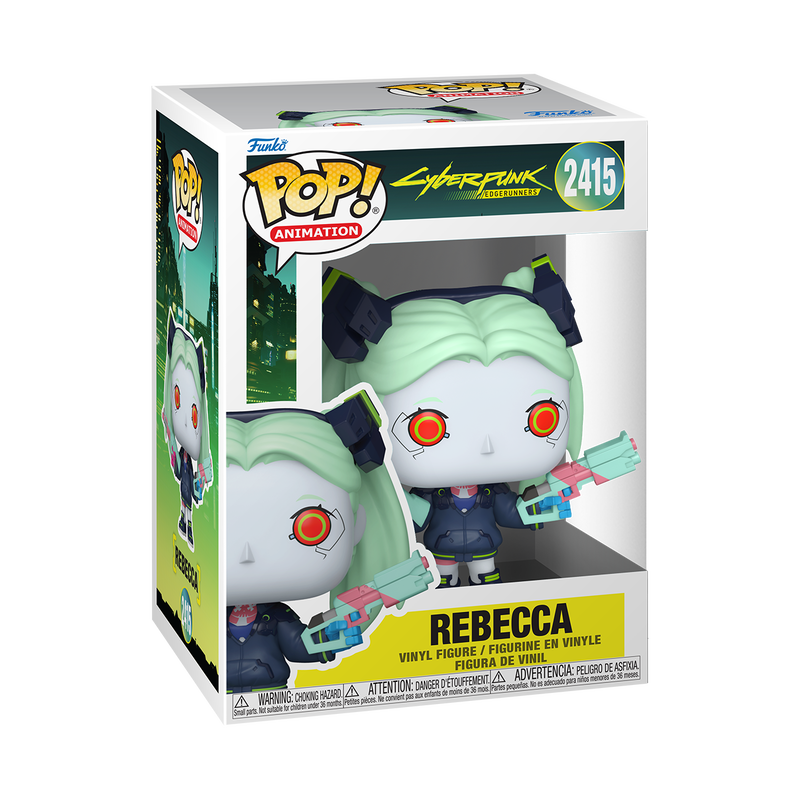 Funko Pop! Animation Cyberpunk 2077 Rebecca vinyl figure in its original numbered box, featuring light green hair, orange eyes, and a dark blue outfit.