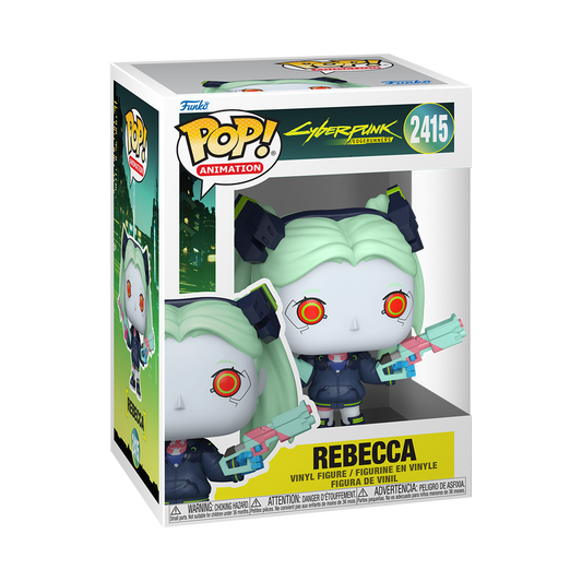 Funko Pop! Animation Cyberpunk 2077 Rebecca vinyl figure in its original numbered box, featuring light green hair, orange eyes, and a dark blue outfit.